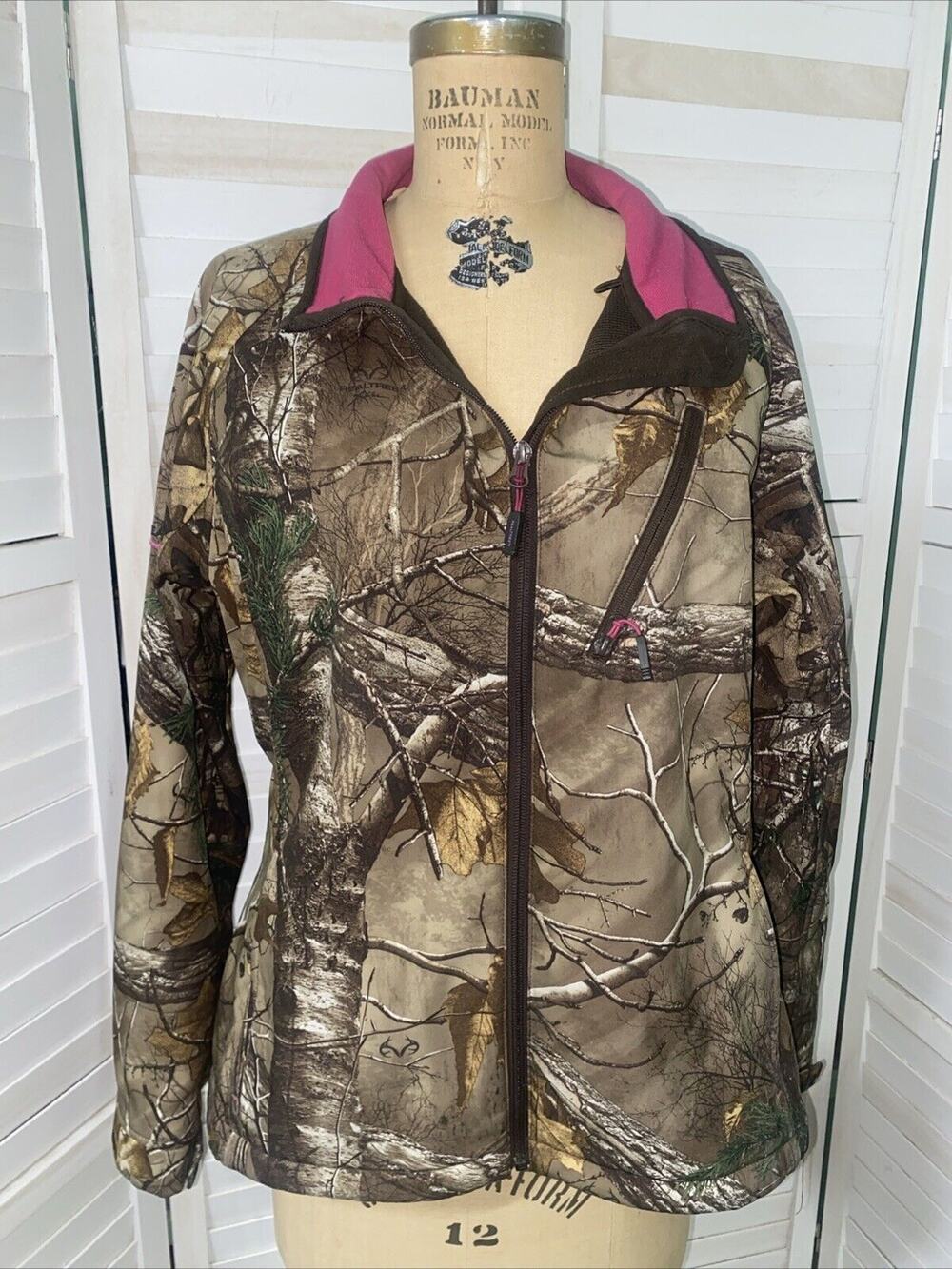 Mossy Oak Womens Realtree Camo Pink Trim Zip Up Fleece Lined Jacket Sz X-Large